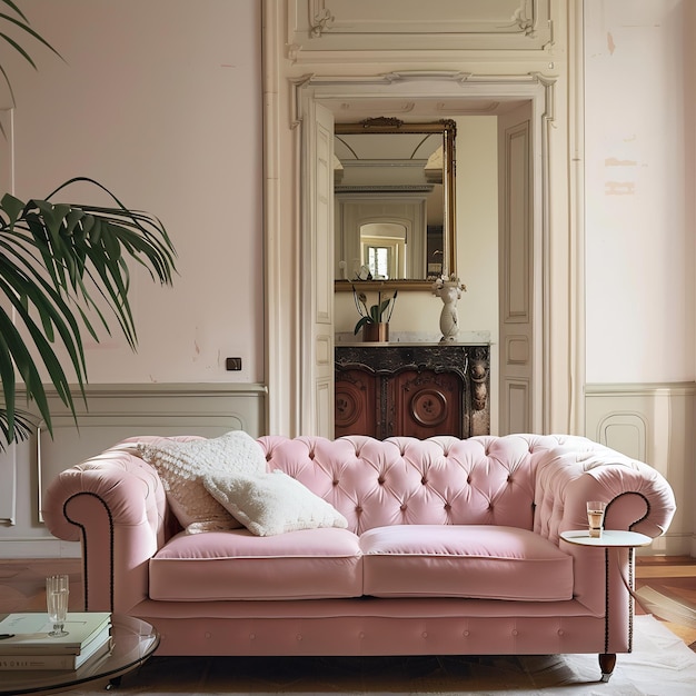 a pink couch with a large plant in the corner of the room