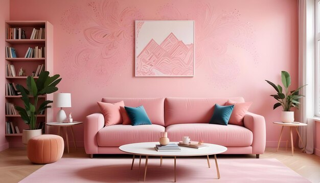 Photo a pink couch with a picture of mountains on it