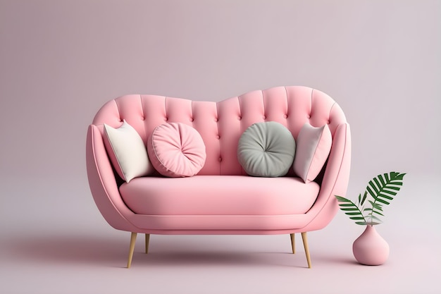 A pink couch with pillows on it and a plant in the corner.