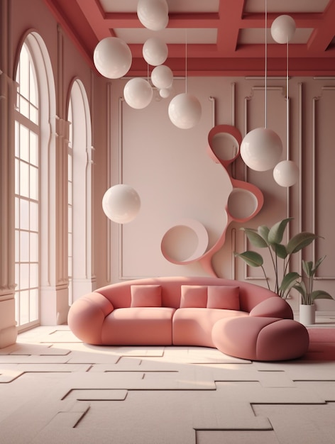 a pink couch with a pink couch and some white lamps hanging from the ceiling