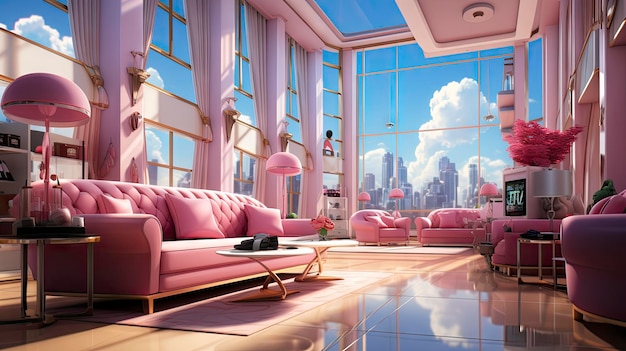 a pink couch with a pink couch and a window with the city skyline in the background.