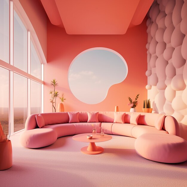 a pink couch with pink cushions and a round pink circle on the wall