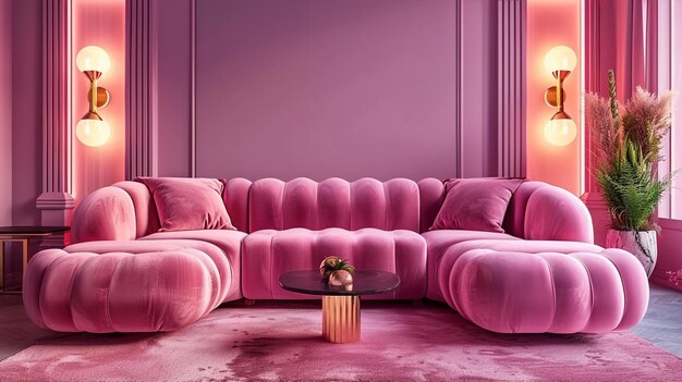 a pink couch with pink pillows and a pink couch