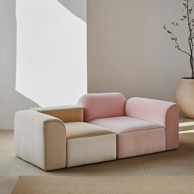 Photo a pink couch with a white cushion and a large window behind it