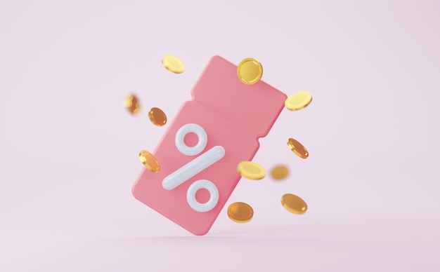 Pink coupon with coins 3d rendering