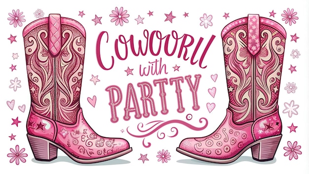 Photo pink cowgirl boots with ornament trendy phrase print party poster cowboy western and wild west the