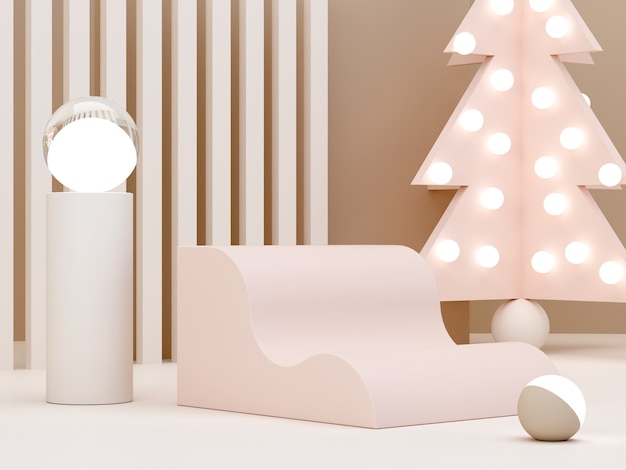 Pink cream shapes and Christmas tree on a pastel color abstract background