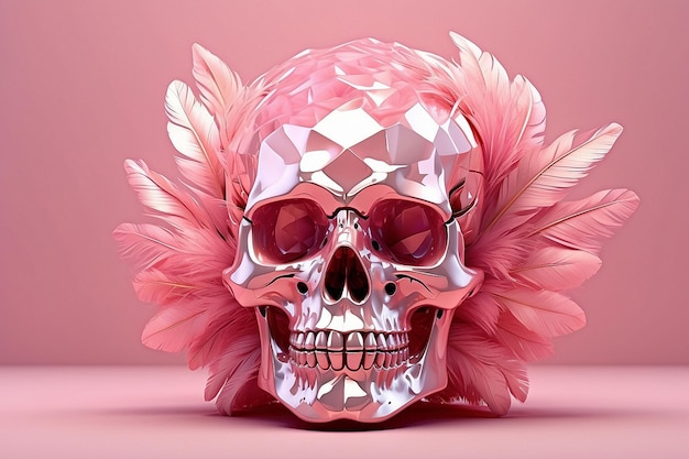 Photo pink crystal skull with pink feathers