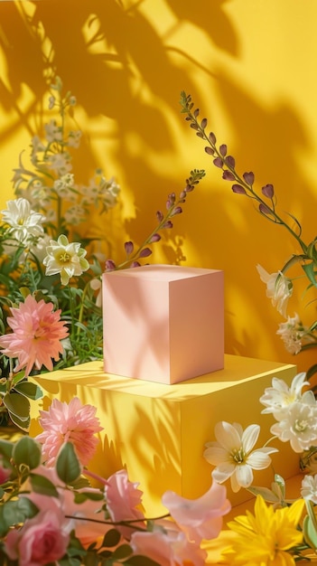 Pink cube podium display with vibrant flowers on a yellow background Summer