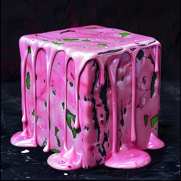 a pink cube with green leaves on it is on a black table