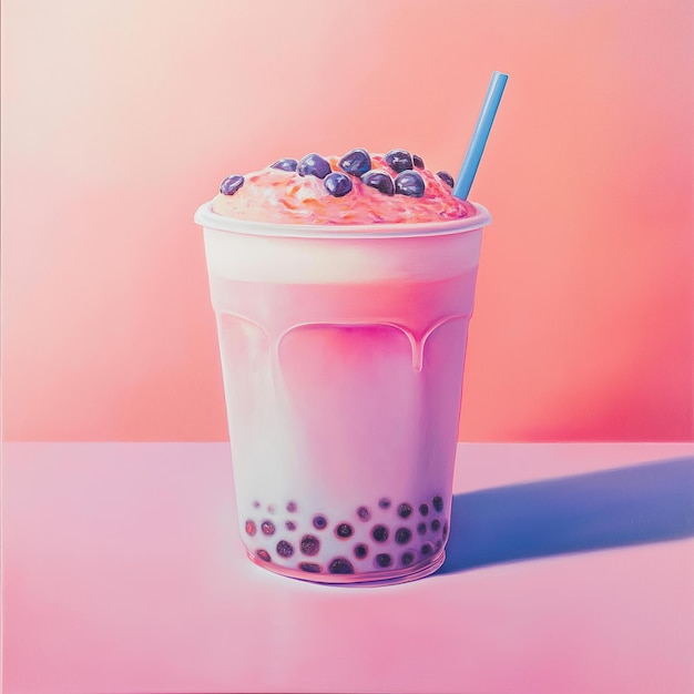 Pink cup filled with light pink liquid boba tea Blue straw protrudes from top of cup small black