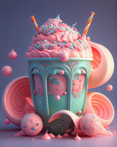 A pink cup of ice cream with a pink and blue swirl pattern.