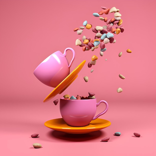 A pink cup and saucer with a bunch of colorful candies on it