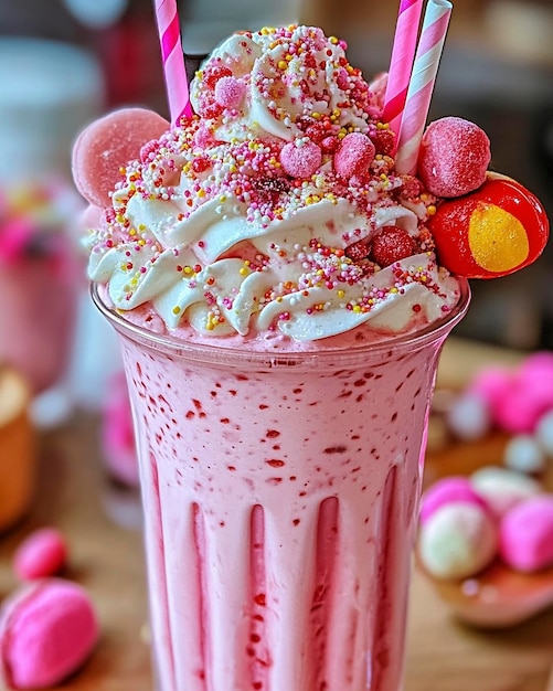 Photo a pink cup with candy and candy on it