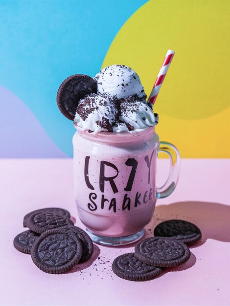 Photo a pink cup with chocolate chip cookies and a pink and white straw