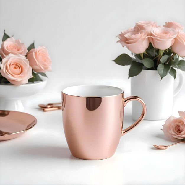 Photo a pink cup with a white handle and pink roses on the table