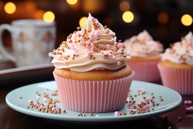 Pink cupcake surrounded by crumbs and sugary confetti generative IA