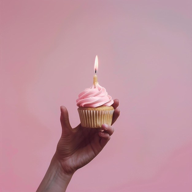 a pink cupcake with a candle in the middle of it