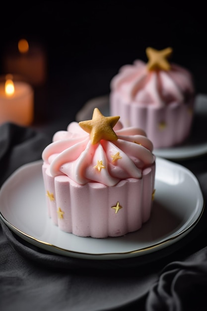 A pink cupcake with gold stars on a plate