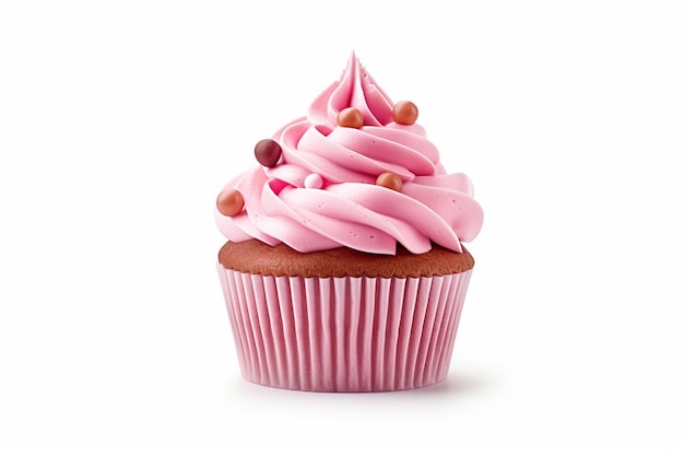 A pink cupcake with a pink icing and a pink icing on top.