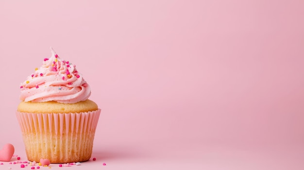 Photo pink cupcake with sprinkles on pink background