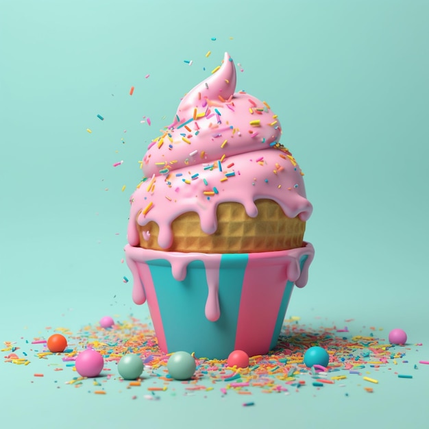 A pink cupcake with sprinkles and sprinkles is on a blue background.