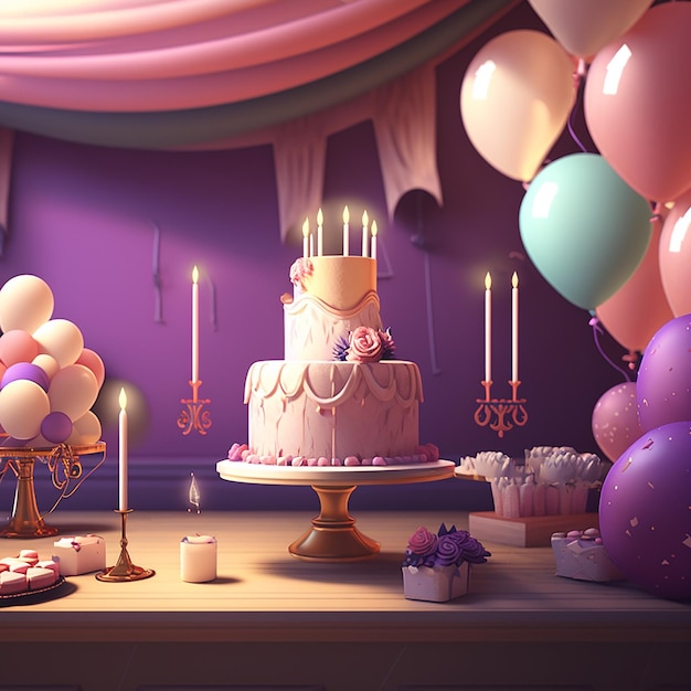 A pink curtain is hanging over a table with a cake on it.