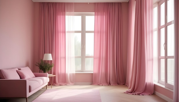 a pink curtain is hanging over a window with a pink couch