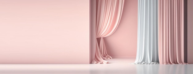 Pink curtain in a room with a white wall