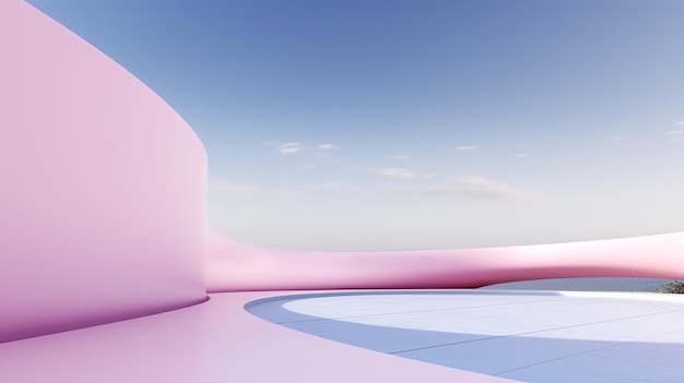 a pink curved building with blue sky