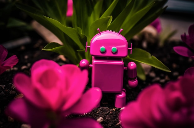 Pink cute robot among flowers Generative AI