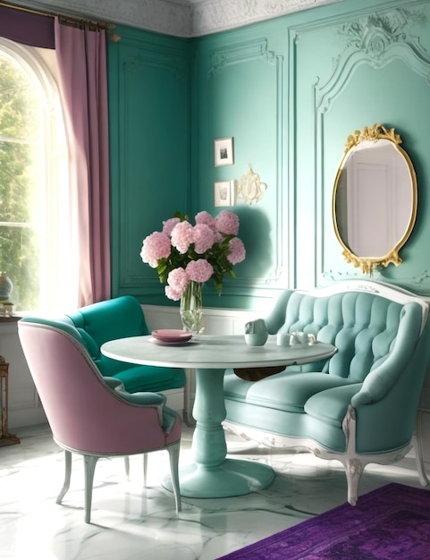 Pink and Cyan Luxury Living Room Interior Design with Luxurious Sofa and Window