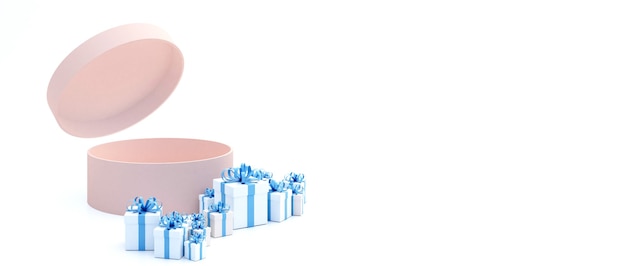 Pink Cylinder box, open the lid of the box. Surrounded by many blue gift boxes. Set on a white background.