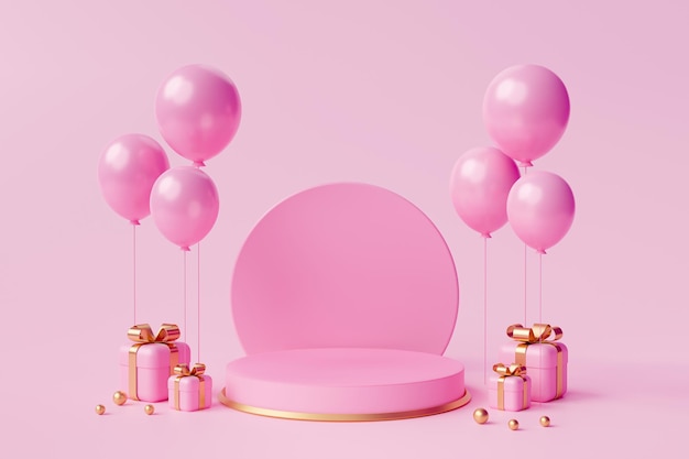 Pink cylinder podium with hearts and pink gift box and pink balloon pedestal product display stand romance love platform on pink background 3D rendering