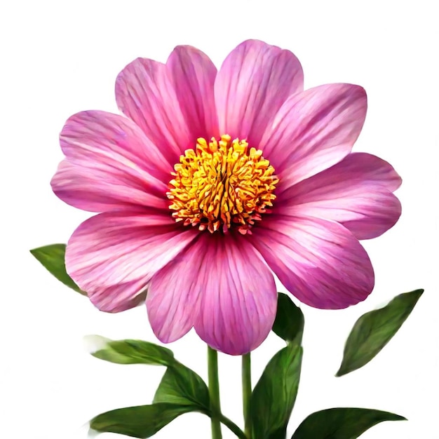 a pink dahlia flower with yellow center and green leaves