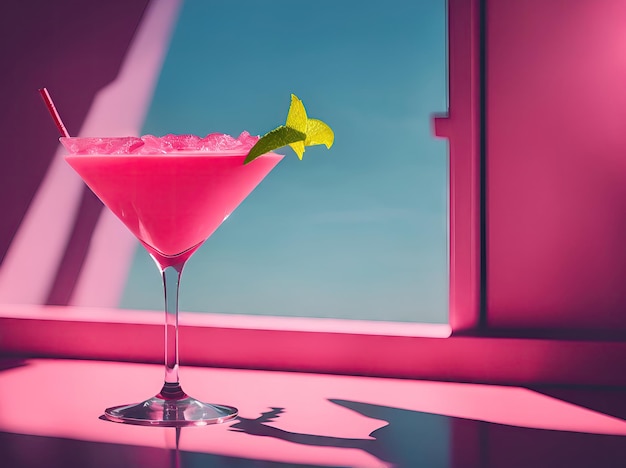 Pink daiquiri alcoholic summer cocktail on a modern pink background ai generative