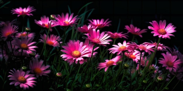 Pink daisies are in a field with grass in the background