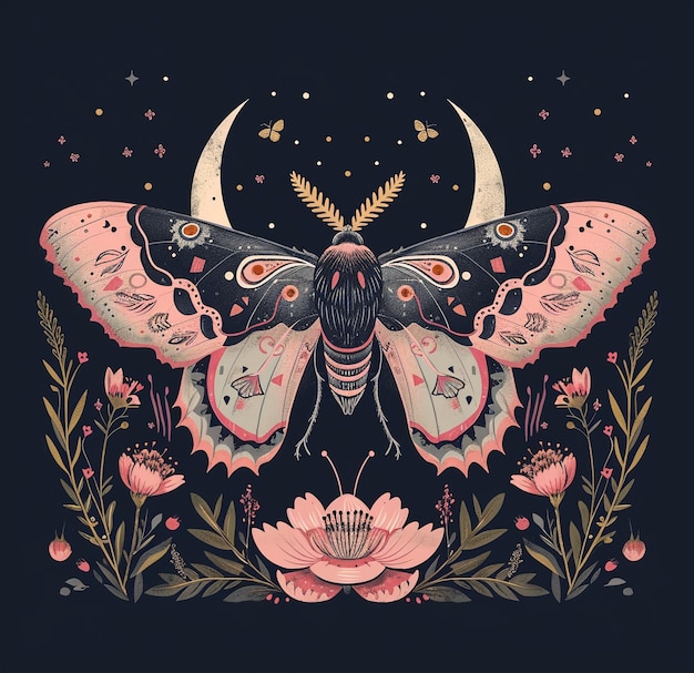 A pink decorative moth with flowers and leaves in a dark purple night sky A crescent moon