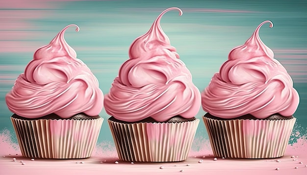 Pink delicious cupcakes for the Mothers Day or birthday on a colored background Generative AI