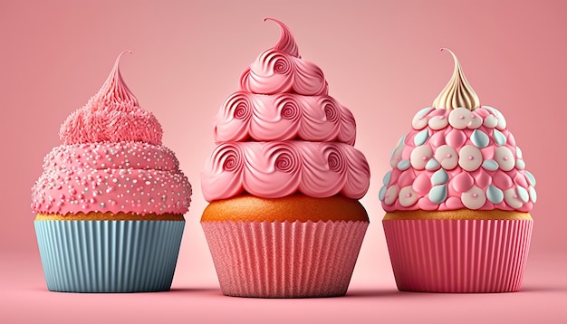 Pink delicious cupcakes for the Mothers Day or birthday on a colored background Generative AI