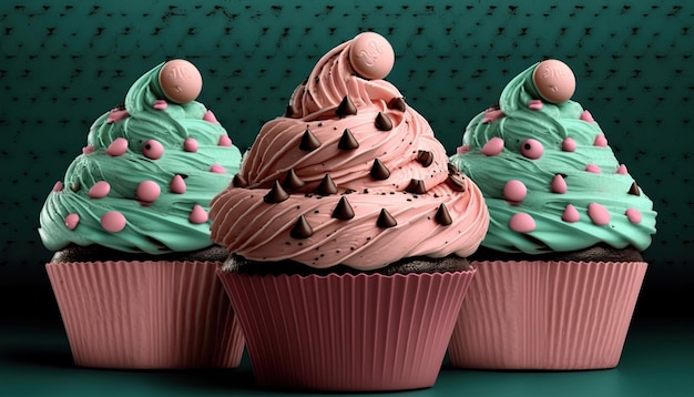 Pink delicious cupcakes for the Mothers Day or birthday on a colored background Generative AI