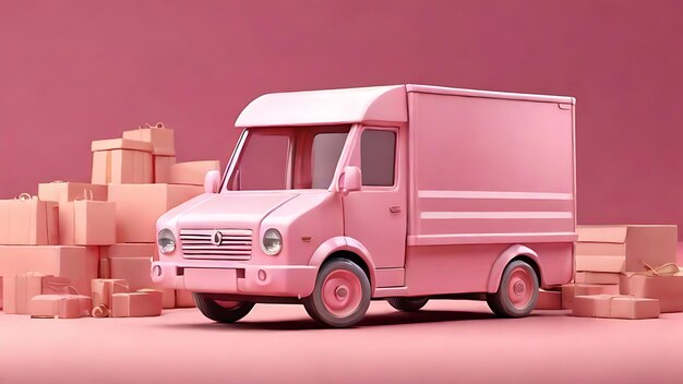 Pink delivery car deliver express with cardboard boxes cartoon shipping and transportation