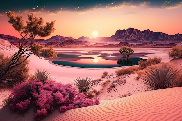 Pink desert landscape with sand dunes and beautiful sunset over lake in the desert