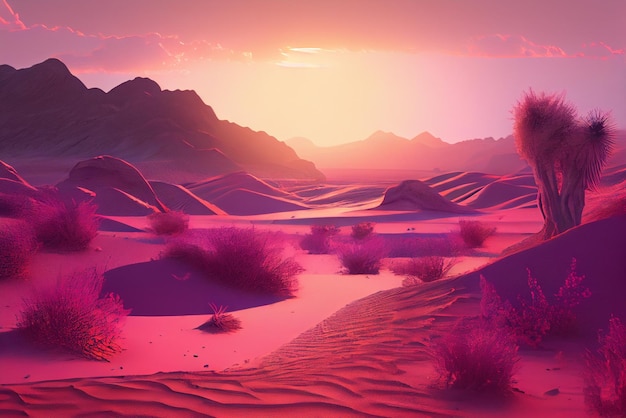 A pink desert scene with a purple sky and mountains in the background.