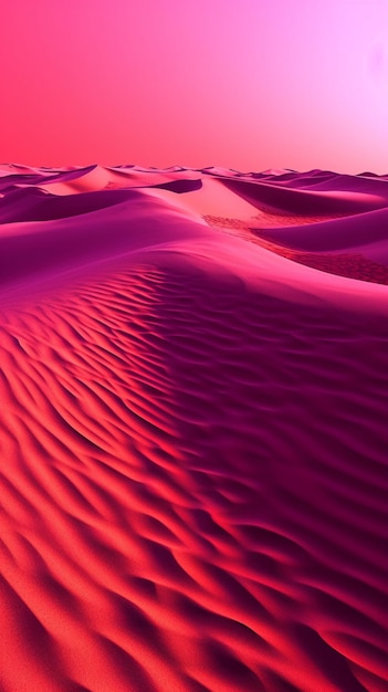 A pink desert with a red sand dune in the background