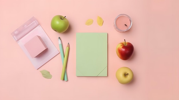 A pink desk with a green apple, a pencil, and a paper that says'i love you '