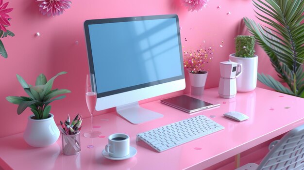 Pink Desk Workspace with Computer and Decor