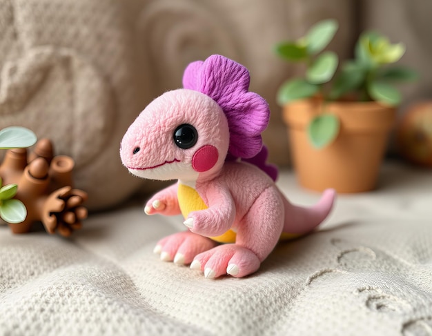 Photo a pink dinosaur toy with a purple head sits on a white cloth