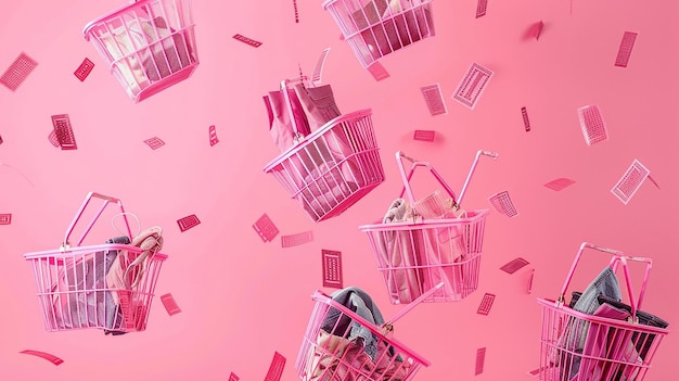 Photo a pink display of boxes with a pink background and a woman in a pink basket with a pink basket