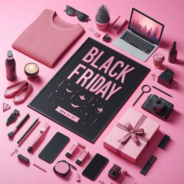 Photo a pink display of cosmetics and accessories including black friday sale